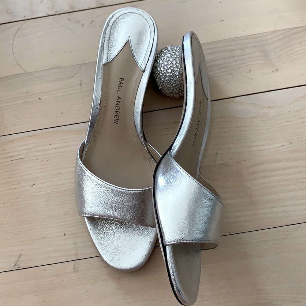Paul Andrew Paw sphere heel mules in silver